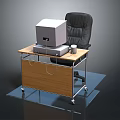 Wooden Desk With Old Fashioned Computer Monitor Black Leather Chair And Wheels With Lower Cabinet