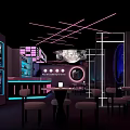 Neon Lit Bar Interior With Moon Decoration Blue Glowing Elements And Tables 3d model