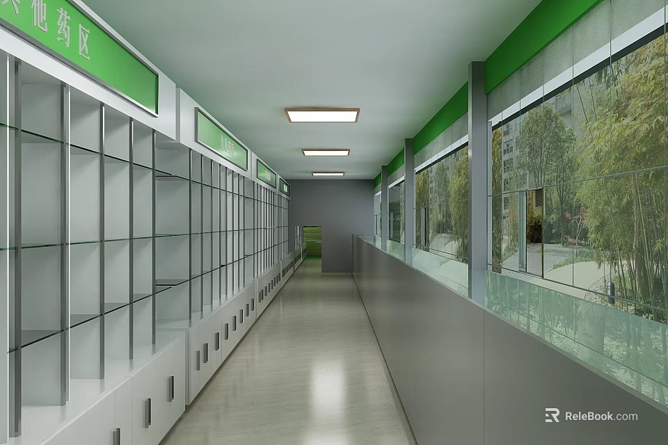 Green Themed Pharmacy Corridor Featuring Glass Medicine Cabinets And Windows With Trees Outside 3d model 