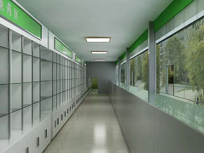 Green Themed Pharmacy Corridor Featuring Glass Medicine Cabinets And Windows With Trees Outside 3d model