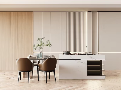 Modern Dining Table Set With Marble Countertop Wooden Cabinets And Brown Chairs 3d model