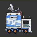 Block Style Blue And White Vehicle Featuring Transparent Top Colorful Display And Orange Wheels