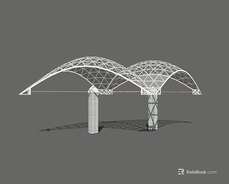 Modern Architectural Structure With Double Arched Lattice Framework Supported by Concrete Pillars Contemporary Design 3d model 
