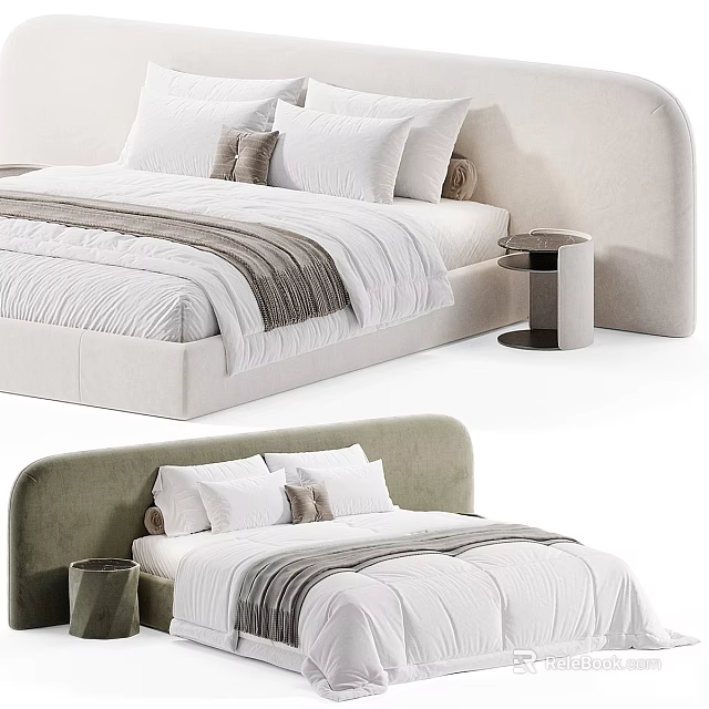 Modern Double Bed With Upholstered Headboard Neutral Pillows Striped Linens And Minimalist Nightstand 3d model 