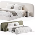 Modern Double Bed With Upholstered Headboard Neutral Pillows Striped Linens And Minimalist Nightstand
