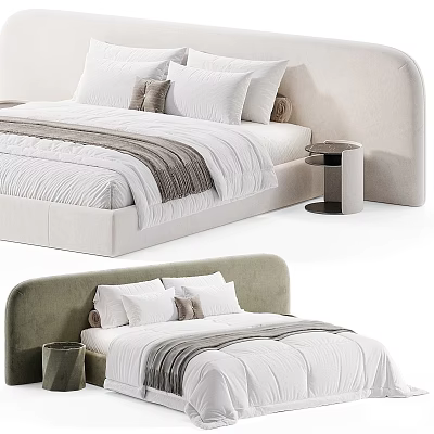 Modern Double Bed With Upholstered Headboard Neutral Pillows Striped Linens And Minimalist Nightstand 3d model
