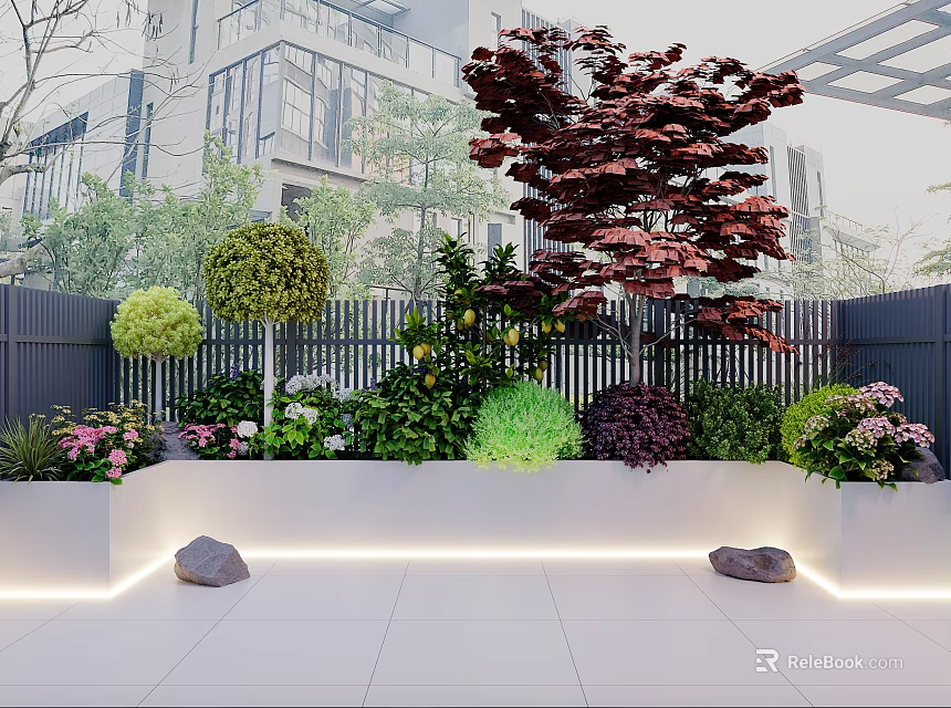 Modern Courtyard Garden Decor With White Flower Bed Red Tree Round Shrubs And Lighting Strips 3d model 