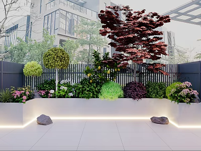 Modern Courtyard Garden Decor With White Flower Bed Red Tree Round Shrubs And Lighting Strips 3d model
