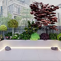 Modern Courtyard Garden Decor With White Flower Bed Red Tree Round Shrubs And Lighting Strips