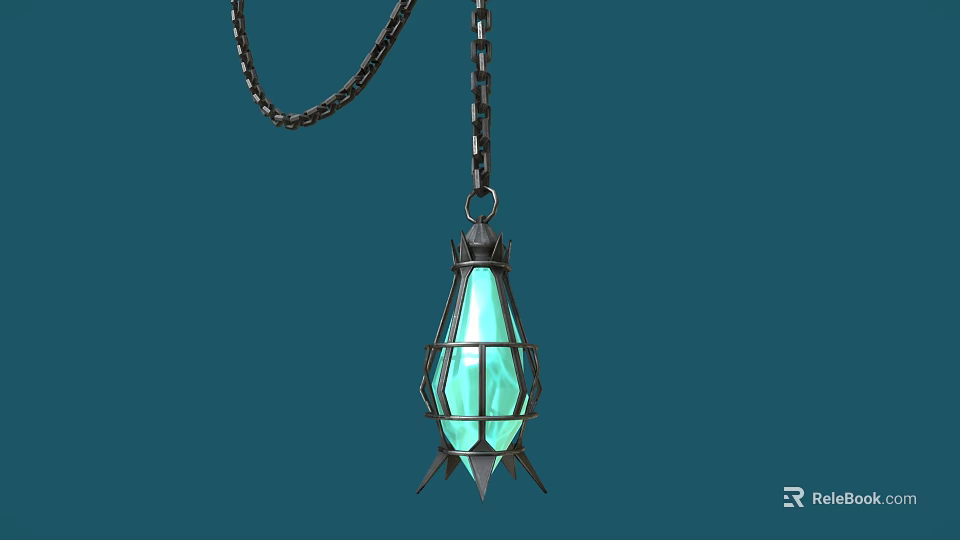 Green Glass Shade Chandelier With Metal Frame Chain And Spiked Base In Deep Blue Background 3d model 
