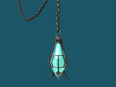 Green Glass Shade Chandelier With Metal Frame Chain And Spiked Base In Deep Blue Background 3d model