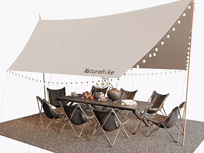 Outdoor Patio Table With Black Chairs Canopy And String Lights Setup 3d model