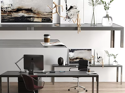 Modern Office Desk With Computer Desk Lamp Coffee Cup Wall Art And Green Plants 3d model
