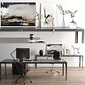 Modern Office Desk With Computer Desk Lamp Coffee Cup Wall Art And Green Plants