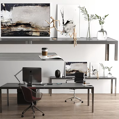 Modern Office Desk With Computer Desk Lamp Coffee Cup Wall Art And Green Plants 3d model