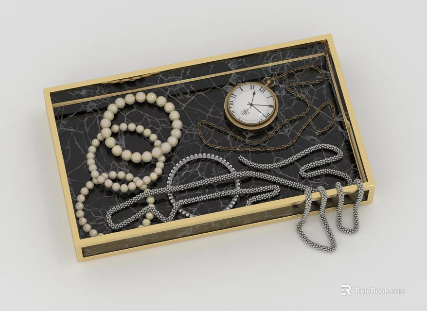 Elegant Fashion Accessories Tray With Pearl Necklace Silver Chains And Pocket Watch 3d model 