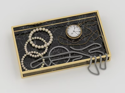 Elegant Fashion Accessories Tray With Pearl Necklace Silver Chains And Pocket Watch 3d model
