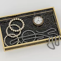 Elegant Fashion Accessories Tray With Pearl Necklace Silver Chains And Pocket Watch
