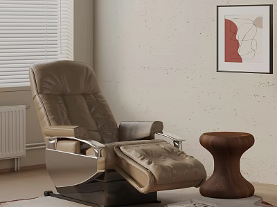 Brown Leather Massage Chair With Wooden Round Stool Light Wall Hanging Painting And Window Blinds 3d model