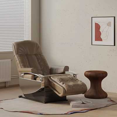Brown Leather Massage Chair With Wooden Round Stool Light Wall Hanging Painting And Window Blinds 3d model