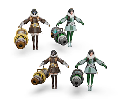 Game Movie Characters With Four Different Color Outfits Holding Futuristic Devices And Protective Helmets 3d model