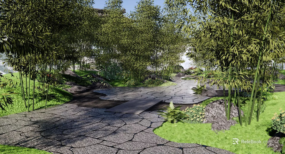 Peaceful Residential Landscape Design With Stone Path Lush Greenery And Trees 3d model 