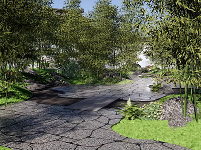 Peaceful Residential Landscape Design With Stone Path Lush Greenery And Trees 3d model