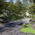 Peaceful Residential Landscape Design With Stone Path Lush Greenery And Trees