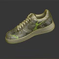 Stylish Gray Camouflage Sneakers With Green Lightning Logo White Laces And Sole