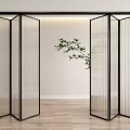 Modern Folding Doors with Black Frame and Transparent Glass Open in Wooden Floor Interior