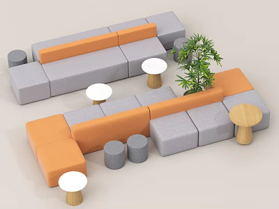 Gray and Orange Booth Sofas with Round Tables Wooden Bases Gray Stools and Green Plant 3d model