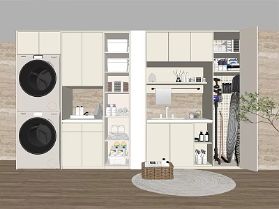 Modern Bathroom Cabinet With Double Washing Machines Open Shelves White Storage And Mirror 3d model