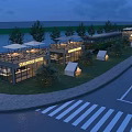 Modern Commercial Street Featuring Illuminated Buildings Outdoor Seating Vintage Train And Green Landscaping