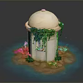 White Domed Structure On Small Island With Green Vines Pink Purple Flowers And Blue Water