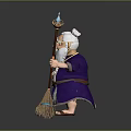 Cartoon Wizard Character With White Beard Glasses Purple Robe Green Book Staff And Broom