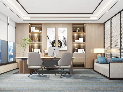 Modern Office Interior Design With Wooden Desk Ergonomic Chairs Bookshelves Green Plants And Sofa 3d model