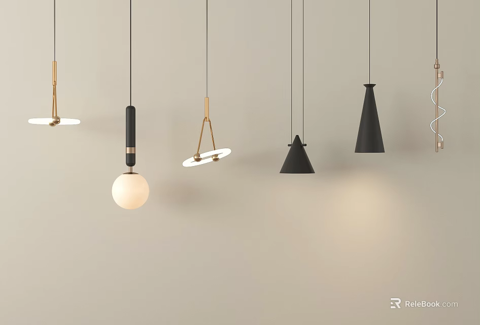 Modern Pendant Lights Featuring Various Shapes And Styles On Light Wall 3d model