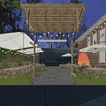 Outdoor Restaurant With Brick Building Wooden Tables Chairs Umbrellas String Lights And Green Plants