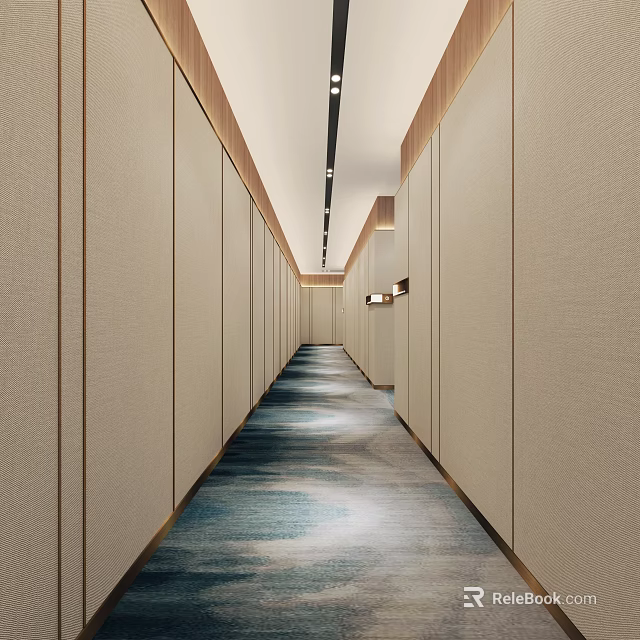 Modern Elevator Corridor With Light Walls Patterned Carpet And Ceiling Lights 3d model