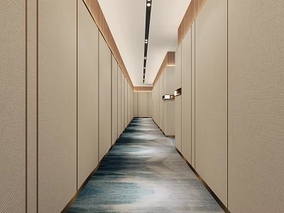 Modern Elevator Corridor With Light Walls Patterned Carpet And Ceiling Lights 3d model