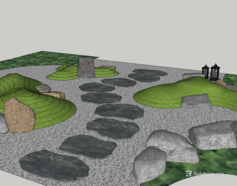 Garden Design with Stone Stepping Path Curved Green Lawn and Decorative Stones 3d model 
