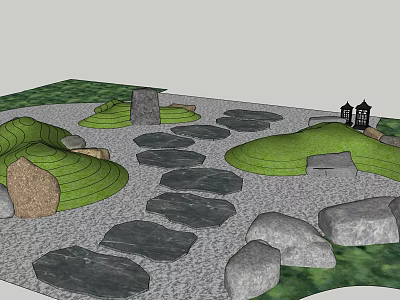 Garden Design with Stone Stepping Path Curved Green Lawn and Decorative Stones 3d model