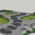 Garden Design with Stone Stepping Path Curved Green Lawn and Decorative Stones