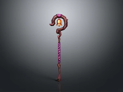 Magic Staff Weapon With Curved Top Bell Decoration And Purple Winding On Wooden Shaft 3d model