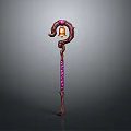 Magic Staff Weapon With Curved Top Bell Decoration And Purple Winding On Wooden Shaft