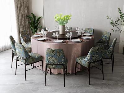 Round Dining Table Set with Pink Tablecloth Blue Patterned Chairs and Green Flowers in Vase 3d model