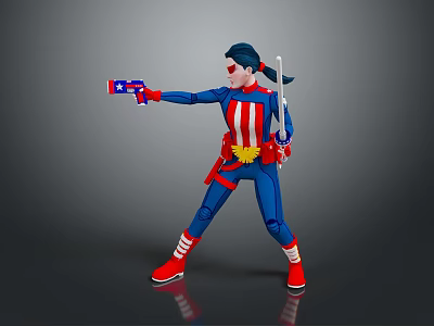 Game Movie Character In Blue Red American Flag Uniform Holding Gun And Sword Combat Pose 3d model