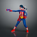 Game Movie Character In Blue Red American Flag Uniform Holding Gun And Sword Combat Pose