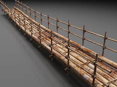 Long Bamboo Scaffolding Structure With Poles And Binding Straps For Construction 3d model