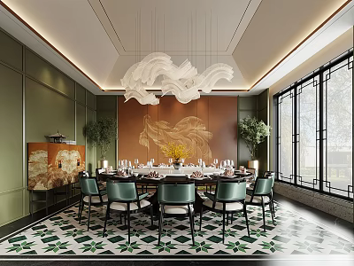 Luxurious Private Dining Room Interior With Green Walls White Chandelier And Patterned Floor Tiles 3d model